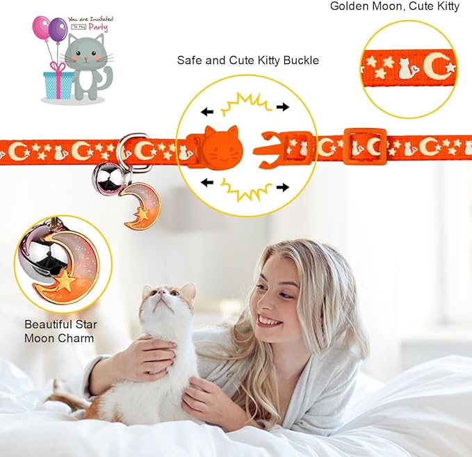 Baeuppit 2PCS Breakaway Cat Collars with Bell Cute Kitty Glow in The Dark Adjustable Kitten Collars(Orange&Black)