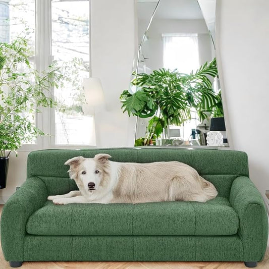Human Dog Bed with Armrests & Backrest, Cave Dog Bed for Large Dogs, Comfortable Linen Upholstery, Short Sofa Legs for Easy Access, Durable, Stylish Camas para Perros, 38"x14.5"x22" (Green)