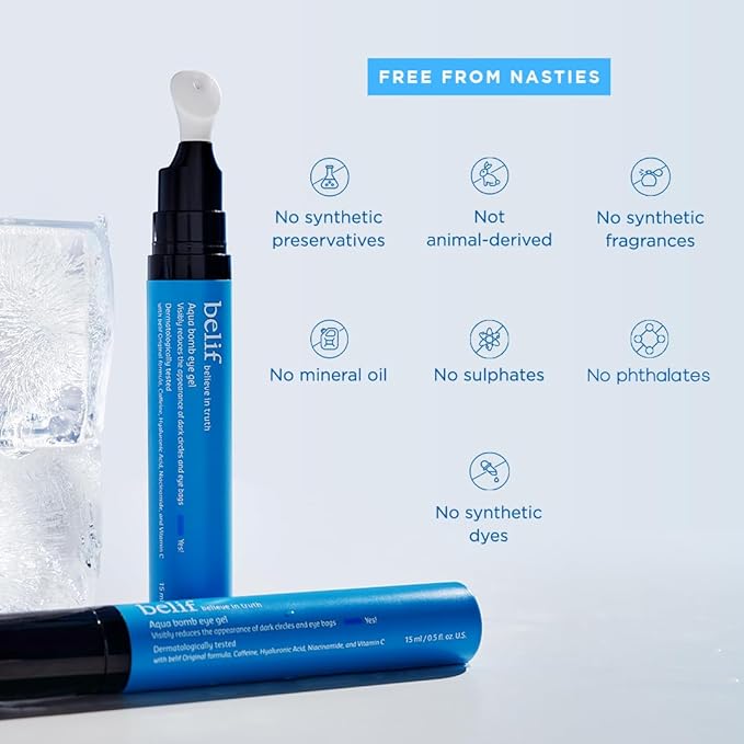 belif Aqua Bomb Cooling Eye Gel - Caffeine & Hyaluronic Acid for Puffiness & Hydration, Niacinamide & Vitamin C for Dark Circles, Adenosine & Collagen for Plumping & Firming, Korean Skin Care