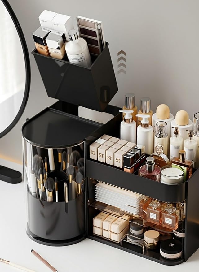 Makeup Organizer with Rotating Brush Holder Cosmetic Organizer with Drawers Countertop Skincare Organizer for Vanity,Cosmetic Display Case Storage (Black, Large)