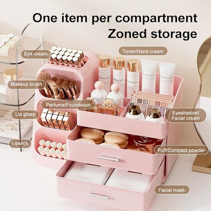 Makeup Organizer with Drawers,Large Capacity Countertop Organizer for Vanity,Bathroom and Bedroom Desk Cosmetics Organizer,Easy To Storage Skincare,Brushes,Lotions,Lipstick (All Pink)