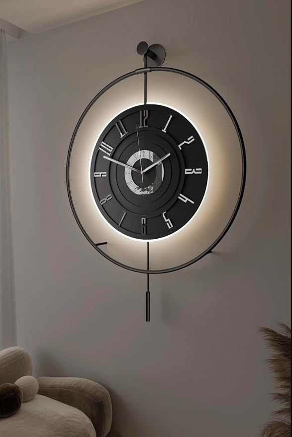 Large Luxury LED Backlit Wall Clock – Pendulum Roman Numeral Metal Ring