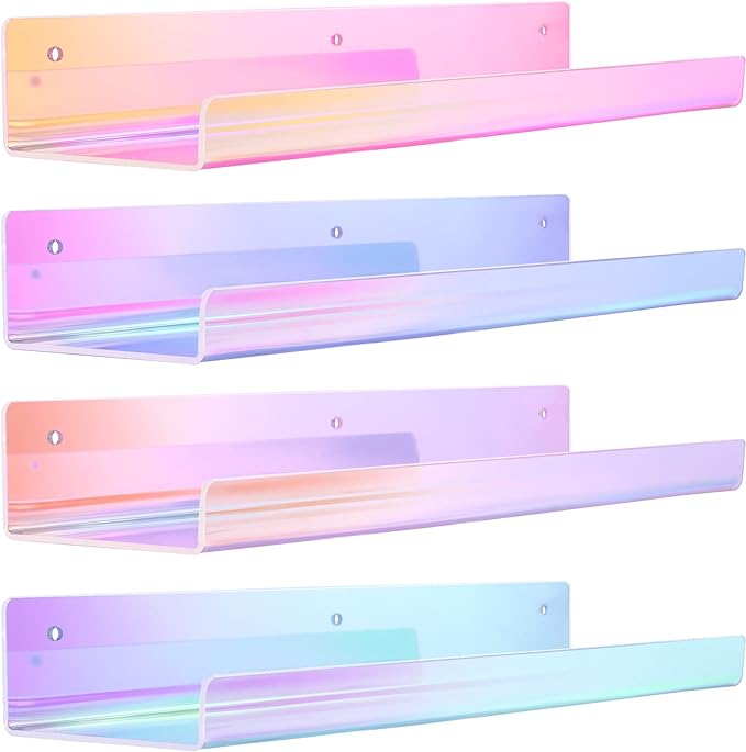 upsimples Acrylic Shelves for Wall Decor, 15" Display Shelf for Perfume, Skincare, Nail Polish, Wall Organizer for Bathroom, Bedroom, Living Room, Playroom, Kids Bookshelf, Iridescent, 4 Pack