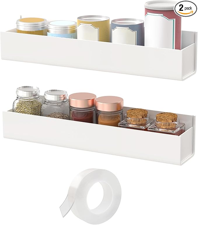VAEHOLD Adhesive Acrylic Spice Rack with Nano Double Sided Tape Wall Mount Organizer Wall Spice Rack With Shelf Ends for Kitchen Cabinet Door - 2 Pack 12'' Shelves (White)