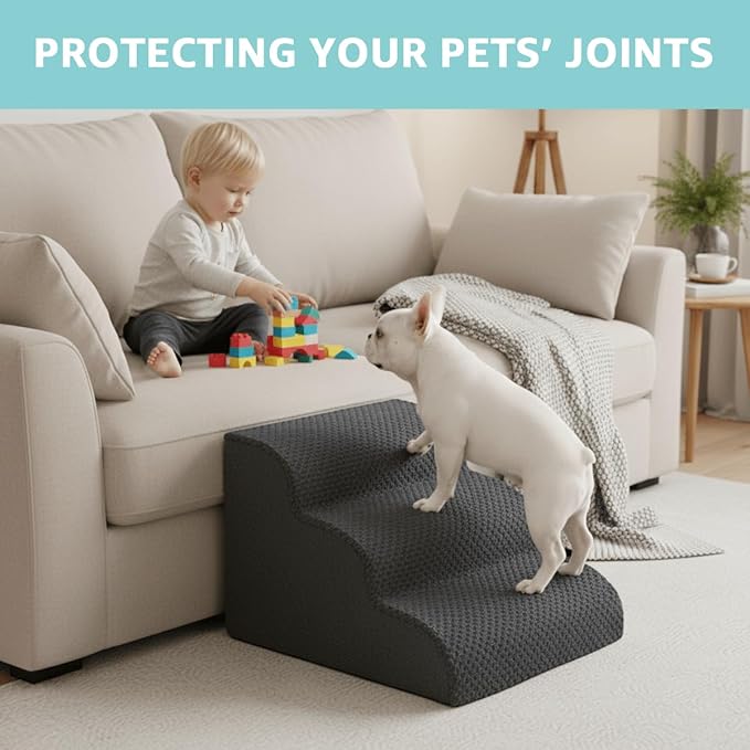 Dog Stairs for Small Dogs 15" H, 3-Step Dog Steps Ramp for Couch Sofa and Chair with Anti-Slip Washable Cover and Durable High Density Foam, Pet Stairs for Cats, Grey