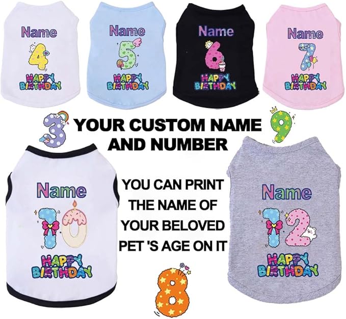Custom Dog Birthday Shirt,Personalized Pet Apparel Print with Name Age Number,Pet Birthday Outfit,Lightweight Breathable Cotton Vest for Small Medium Large Dogs Cat (Blue, 7X-Large)