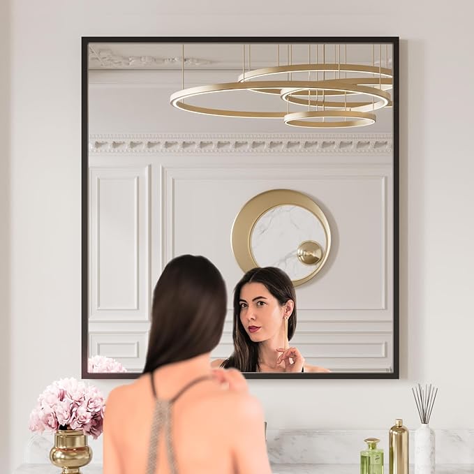 LOAAO 30"X36" Black Rectangle Bathroom Mirror Wall, Matte Black Aluminum Alloy Frame, Tempered Glass, Hangs Vertically or Horizontally, Easy to Install