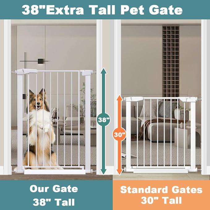 Fairy Baby 38" Extra Tall Pet Gate for Stairs,70.9"-76.3" Extra Wide Long Dog Gate for The House, Metal Auto Close Pressure Mounted Safety Child Gate, Tension Baby Gate Fence Barrier No Climb, White