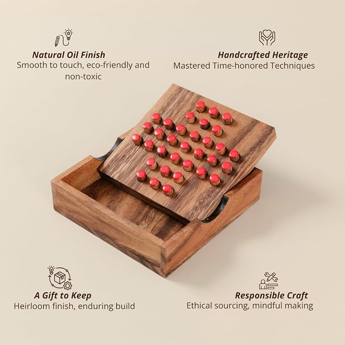 Wood Solitaire Game Classic Peg Solitaire Board Premium Wooden Design Single Player Brain Teaser Strategy Puzzle for Brain Training Tabletop Indoor (Jump All but one)