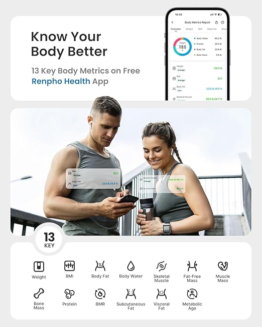 RENPHO Smart Scale with BMI, Body Fat, Muscle Mass, Bluetooth Scale for Body Weight, FSA HSA Store Eligible, 13 Metrics with Large VA Display, Support App Connection, Black, Elis 2X