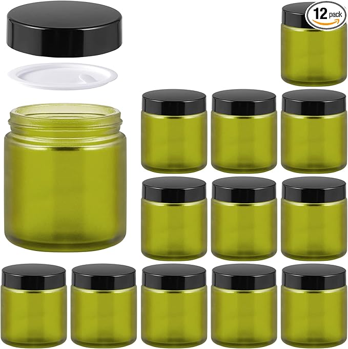 4oz Glass Jars with Lids, HOA Kinh 12 Pack Green Frosted Glass Jars with Lid Empty Cosmetic Containers Round Airtight Glass Jar with Black Lids for Storing Lotions, Powders, and Ointments