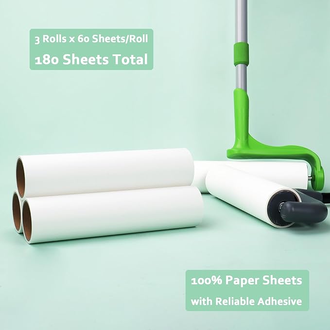Large Lint Roller Refills 10 inch Wide Ultra Sticky Mega Roller Refills for Evercare Layers Smart Design Leo Cleaning Floor Roller for Removing Pet Hair, 3 Pack Total 180 Sheets
