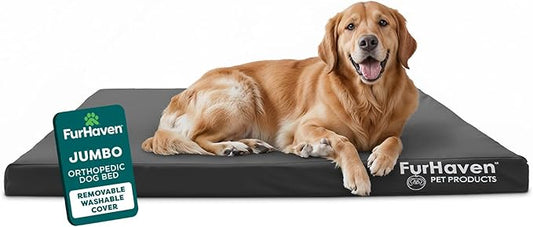 Furhaven Water-Resistant Orthopedic Dog Bed for Large Dogs w/ Removable Washable Cover, For Dogs Up to 95 lbs - Indoor/Outdoor Logo Print Oxford Polycanvas Mattress - Stone Gray, Jumbo/XL