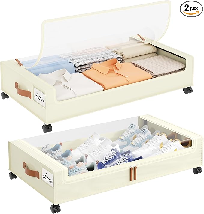 Rolling Under Bed Storage with Lids, 60L, 2 Pack – Beige