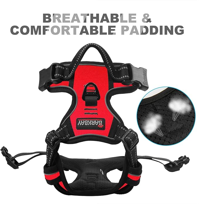 BARKBAY No Pull Dog Harness Front Clip Heavy Duty Reflective Easy Control Handle for Large Dog Walking(Red,L)