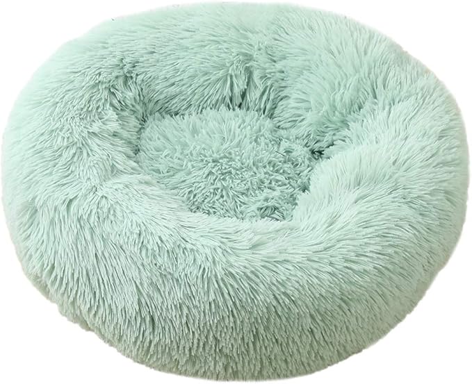 Calming Faux Fur Dog Beds Calming Donut Cuddler Dog Bed Washable Round Cat Bed Pillow Cuddler Fluffy Indoor Dog Calming Beds with Anti Slip Bottom Solid Color Green Blue 16 Inch