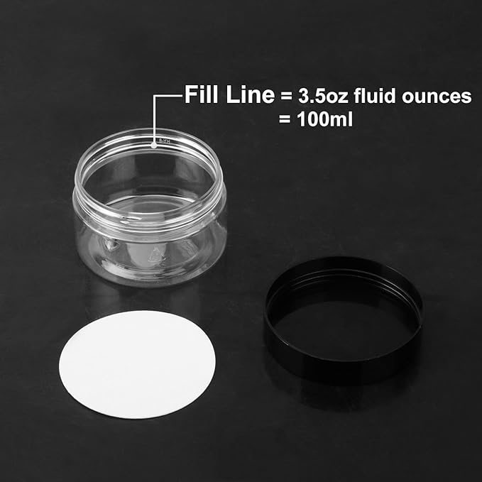 96 Packs 3.5 OZ Transparent Plastic Jars with black Lids, Body Butter Containers, Cosmetic Containers jars for Kitchen Ingredients, beads, sequins, Lotion, Cream, DIY Crafts and More by KUKLIPJIM.
