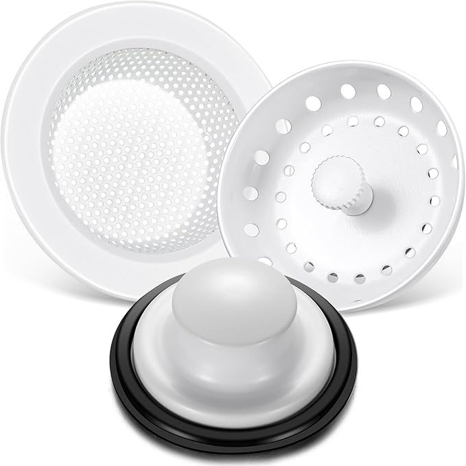 Mudder 3 Pcs Kitchen Sink Drain Strainer and Stopper Stainless Steel Garbage Disposal Plug with Handle Universal Anti-Clogging Kitchen Sink Filter Sieve Basket Strainer(Porcelain White)