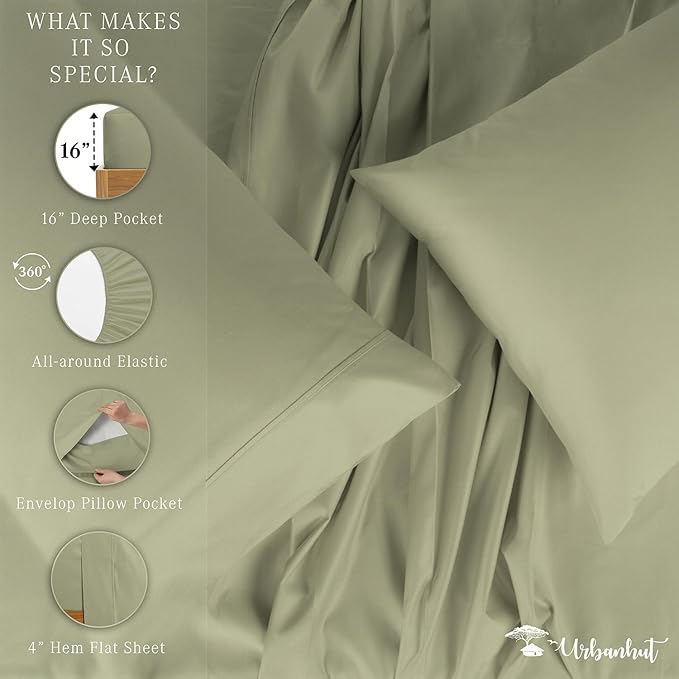URBANHUT 1000 Thread Count California King Size Egyptian Cotton Sheets, Long Staple Soft & Breathable, 4 Pc Bed Sheet Sets for Cal King Bed, Luxury Hotel Sateen Sheets Fits 16" Deep Pocket - Sage