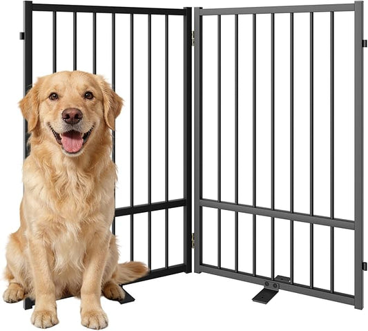 Full Metal Freestanding Dog Gate with Door, 32''Height Foldable Pet Dog Fence for Indoor & Outdoor, 2 Panels Extra Wide Free Standing TallDog Gates for Doorways,House,Stairs,Porch,Deck,Yard