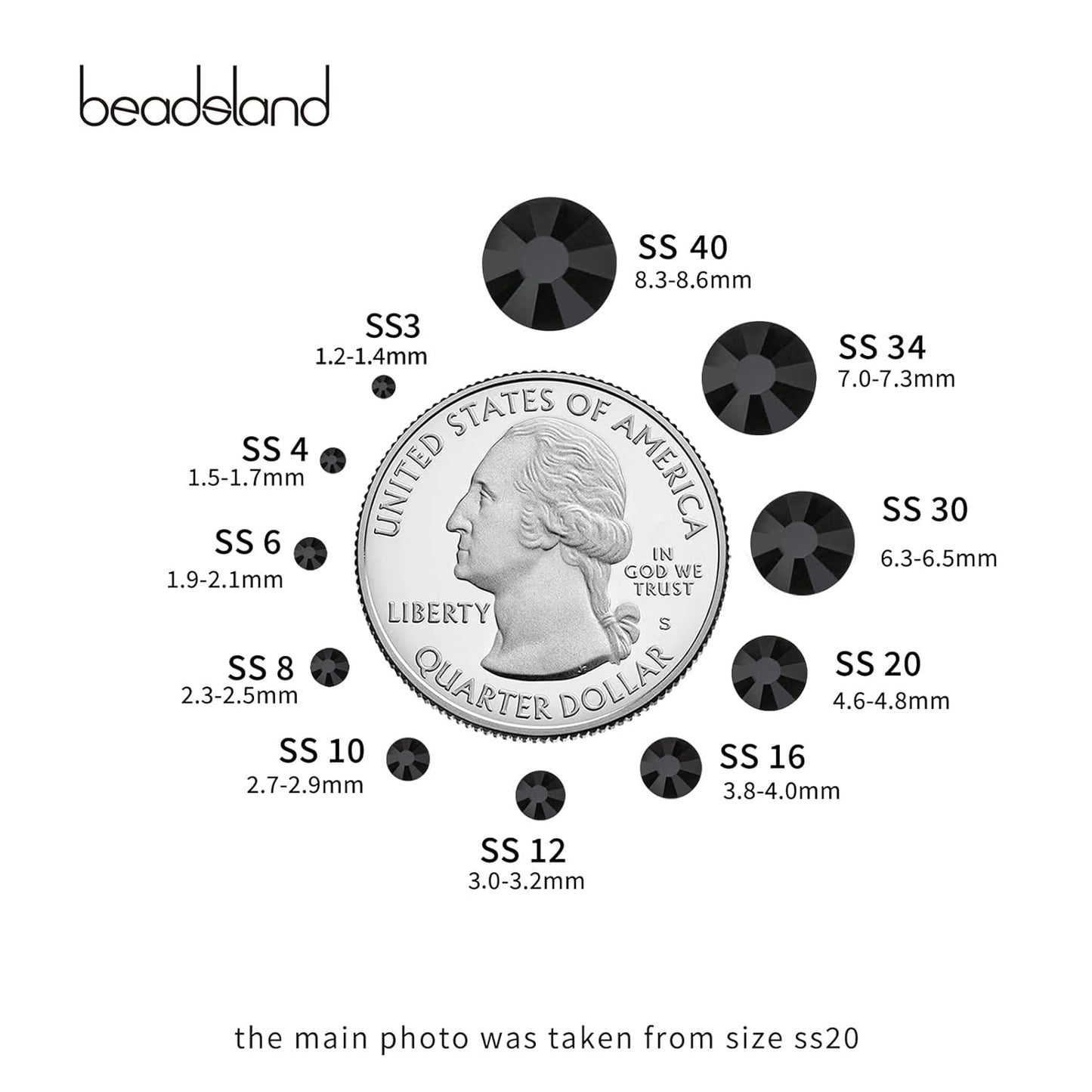 Beadsland 288pcs Flat Back Crystal Rhinestones Round Gems for Nail Art and Craft Glue Fix, Jet Hematite, SS34,7.1-7.3mm