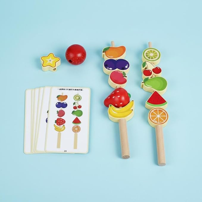 Children Cognitive Game Educational Toy Fruit Skewer Threading Game Stacking Blocks Lacing Beads Wooden Material for Early Learning Fine Motor Skills, Seafood Skewers