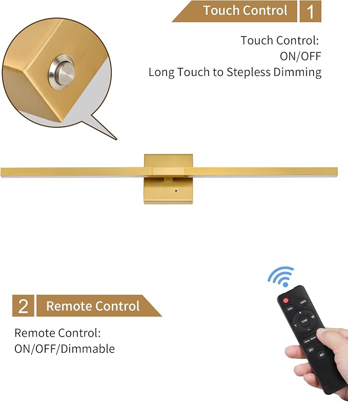 Rayogale 8000mAh Battery Operated Wall Sconce, 3000K/4500K/6000K Dimmable Gold