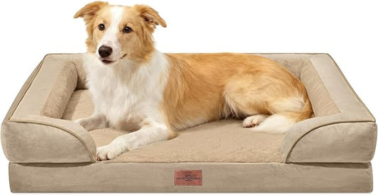 Comfort Expression Orthopedic Dog Bed for Large Dogs 35x22 Inch, Waterproof Supportive Egg Crate Foam Large Pet Bed with Removable Bolster, Dog Couch with Washable Cover & Non-Slip Bottom, Light Brown