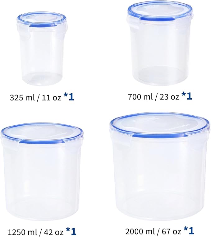 KIGI Food Storage Containers, Cylinder Airtight Canister with 4-Sided Locking Lid, Assorted Sizes Clear Sealed Jar for Dry Food & Spices, BPA Free Plastic, 8 Piece Set, 1.35Cup /2.9Cup /5.2Cup /8.3Cup