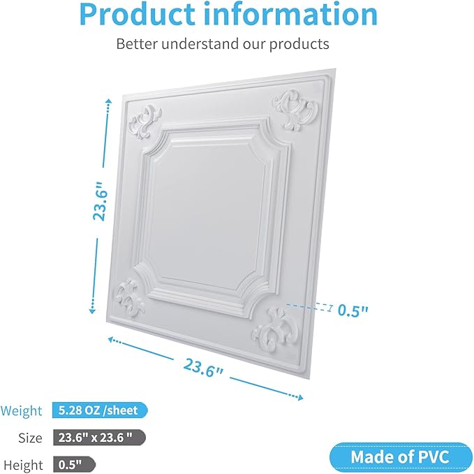 Art3d Drop Ceiling Tiles 24x24 in White, Wainscoting Panels Glue Up 2x2