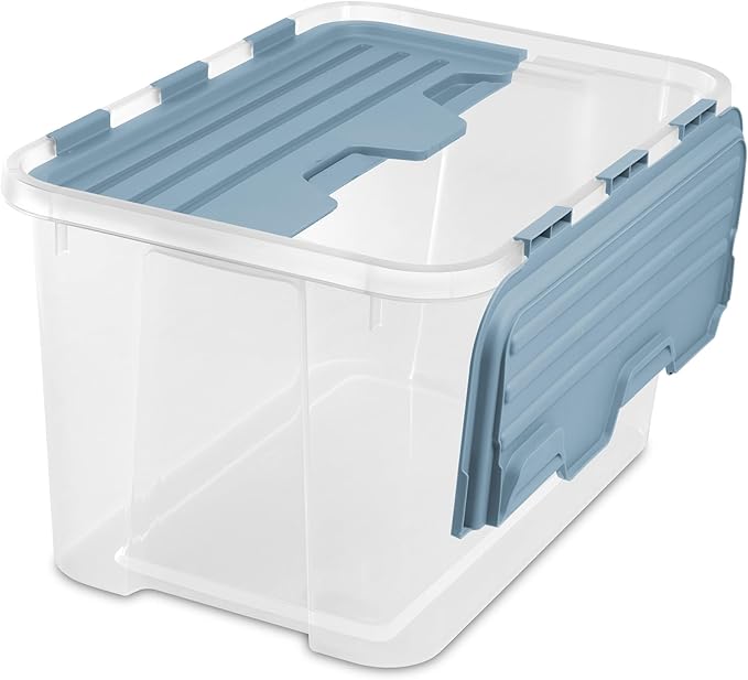 Sterilite 18 Pack Hinged Lid Storage Box, 60 Qt Plastic Container, Washed Blue - Home Organizer Tote for Storing Shoes, Crafts, Clothing, or Decor
