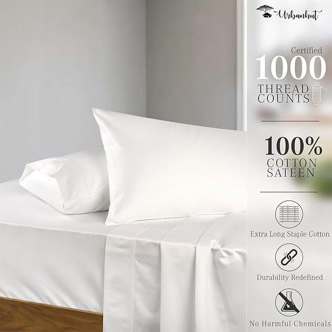 URBANHUT 1000 Thread Count Egyptian Cotton Sheets King Size, Long Staple Soft & Breathable, 4 Pc Bed Sheet Sets, Luxury Hotel Sateen Sheets Fits 16" Deep Pocket - White