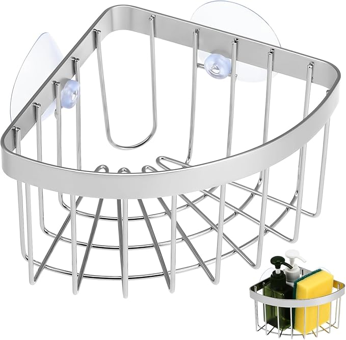 NUOBESTY Sponge Holder for Kitchen Sink, Corner Sink Caddy with Removable Suction Cup, 304 Stainless Steel Organizer Rack Holder for Soap, Brush Sponge, Bathroom, Kitchen Essentials and Gadgets