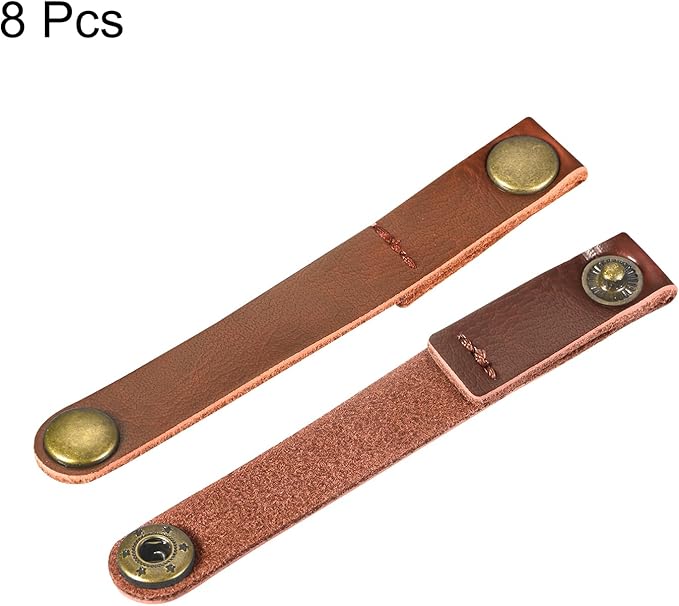 MECCANIXITY Pack of 8 Leather Cable Straps Cord Organizer 90x12mm Portable Cable Leather Clips Light Brown Earphone Cord Management for Cable, Wire