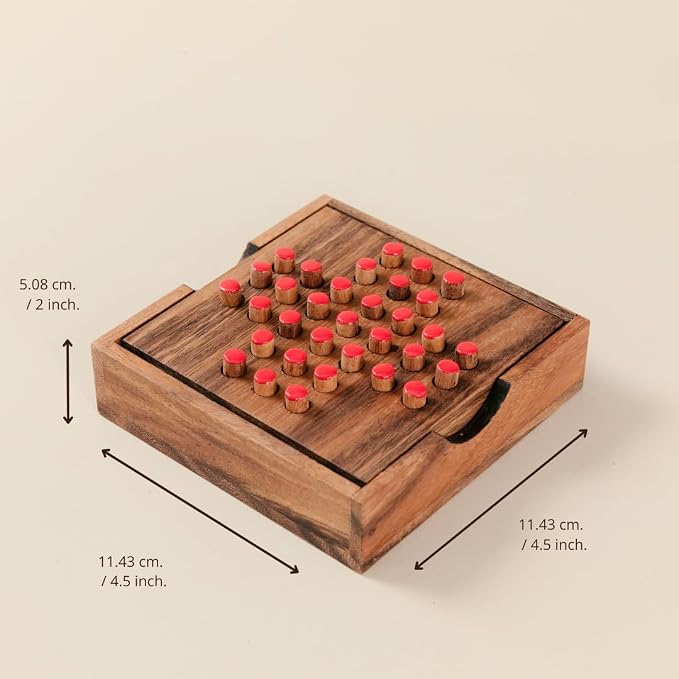 Wood Solitaire Game Classic Peg Solitaire Board Premium Wooden Design Single Player Brain Teaser Strategy Puzzle for Brain Training Tabletop Indoor (Jump All but one)