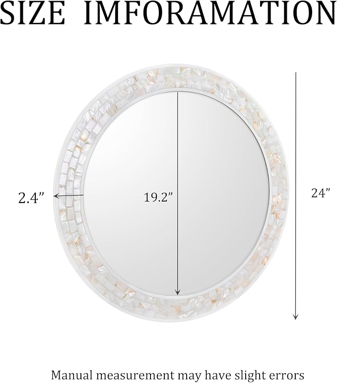 Mosaic Mirrors for Wall 24 Inch, Natural Mother of Pearl Inlay White Framed
