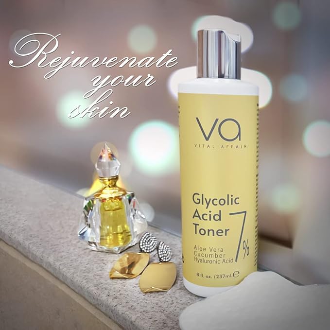 Glycolic Acid Toner for Face - Anti Aging, Pore Minimizer for Face, Exfoliating Toner - with Aloe Vera, Cucumber, Hyaluronic Acid - AHA - Alcohol Free - for All Skin Types - by Vital Affair.