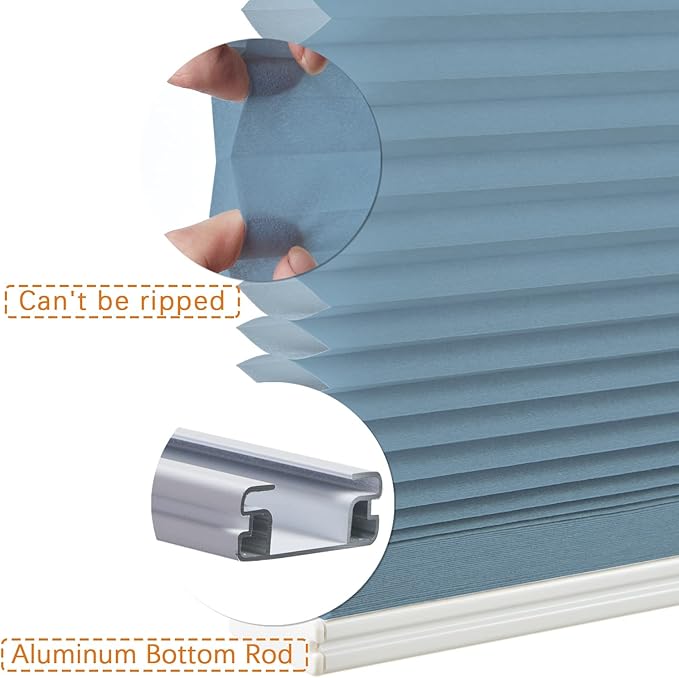 Persilux Light Filtering Cellular Window Shades Cordless Shades Bottom up UV Protection Room Darkening Honeycomb Blinds for Windows, Home and French Doors, Blue, 88" W x 48" H