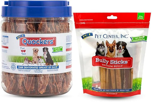 PCI Pet Center, Inc Duck Quackers and Bully Sticks Dog Treats Bundle, 1 lb Container & 10 Count Bag
