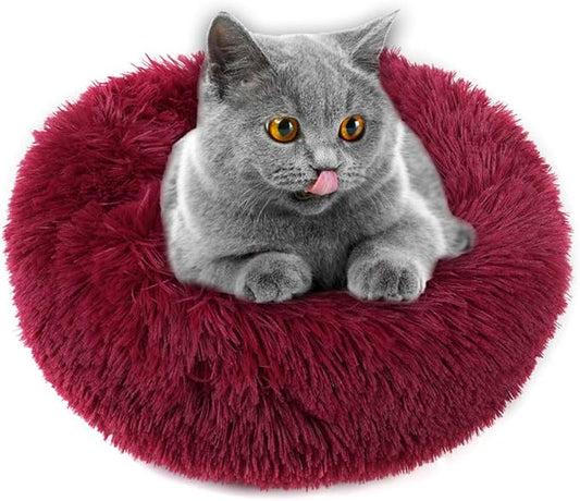 otoez Kitten Puppy Bed Small Round Dog Cat Beds Anti Anxiety Plush Pet Calming Donut Bed with Non-Slip Waterproof Bottom, Washable (19.7", Dark Red)