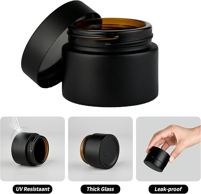 1 oz Reusable Black Glass Container Jars 24 Pack with Wide-mouth Leak Proof Cap and Inner Pull-On Lid for Travel Storage Makeup, Face Creams, Body Lotions, DIY Crafts or Others