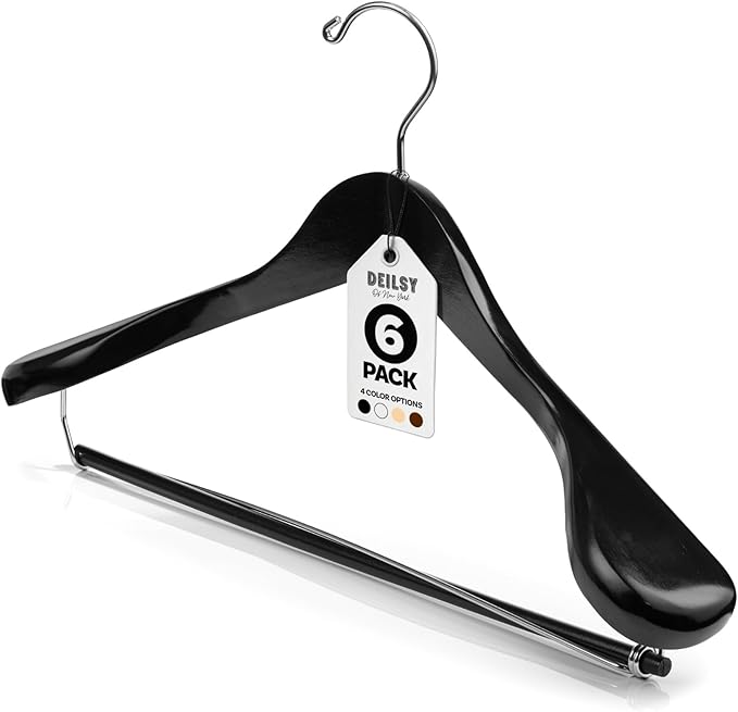 DEILSY™ Black Suit Hangers for Men with Non-Slip Pants Bar & 360° Swivel Hook - Smooth Finish Wooden Coat Hangers, Heavy Duty Wooden Hanger – Pack of 6