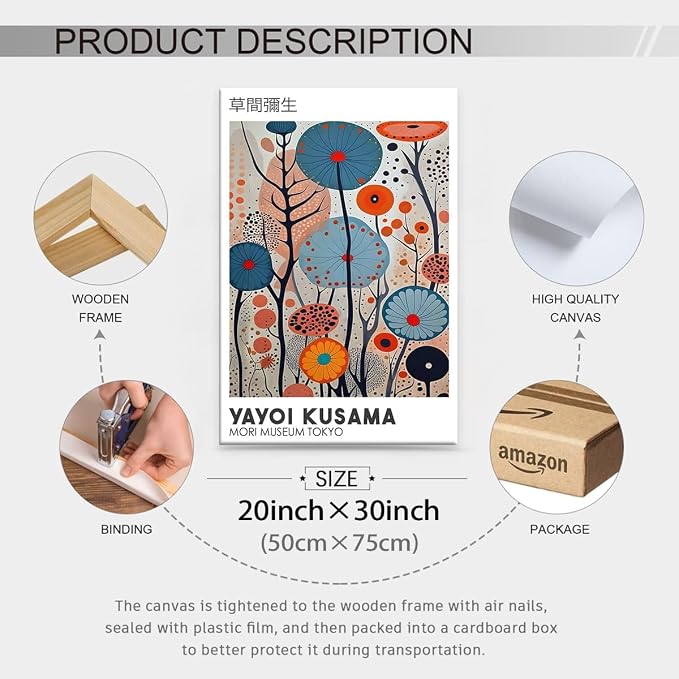 Yayoi Kusama Framed Wall Art 20x30in Vintage Japanese Painting Posters Tokyo
