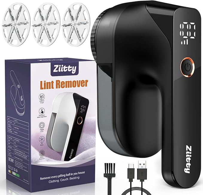 Fabric Shaver - Ziitty Lint Remover for Clothes, Sweater Defuzzer with LCD Display, 3-Speeds, 6-Blade, Type-C Rechargeable, Sweater Shaver to Remove Pilling Fuzz Lint Balls Pills for Clothes Furniture