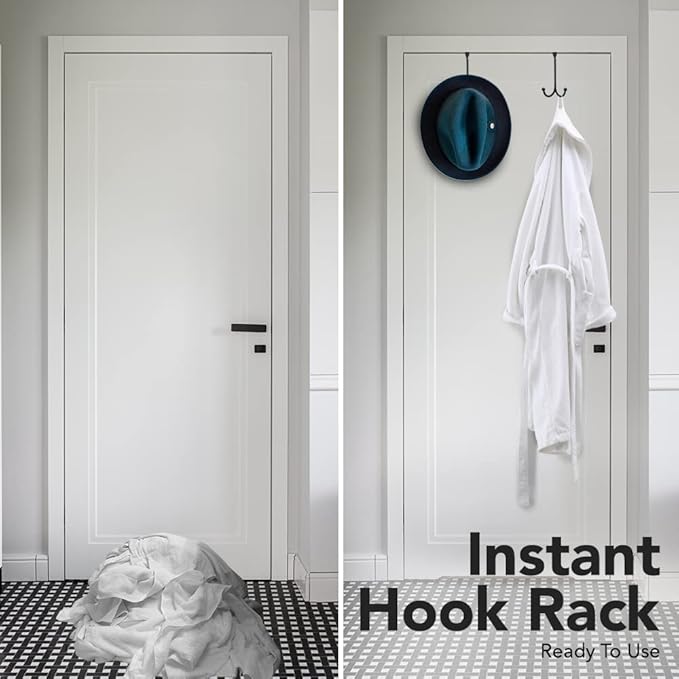 2-Pack Over The Door Hooks - with 2 Hang Heads & Snug Fit Pads Heavy Duty Hook for Hanging Coats, Towels, Caps & Robes - Elegant Matt Finish - No Drill Hanger Organizer - Black