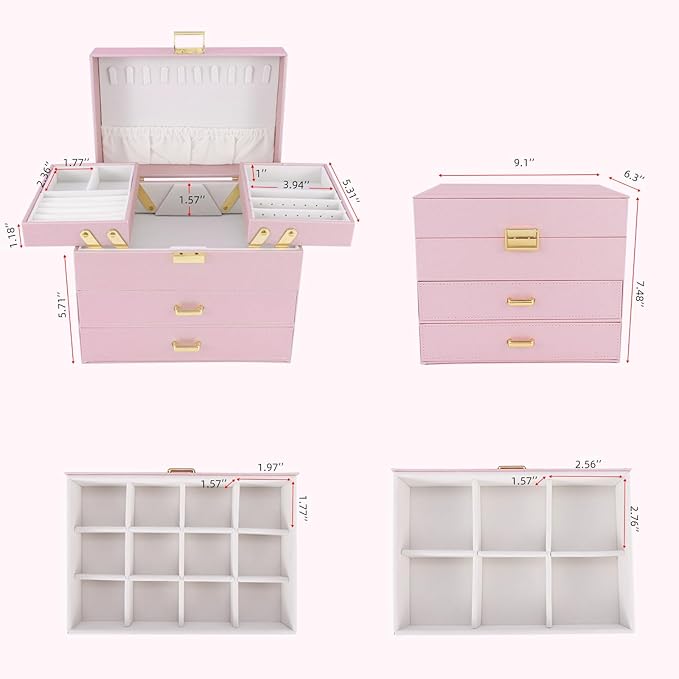 Dajasan Jewelry Boxes for Women Girls, Jewelry Storage Organizer, 4 Layers Large Jewelry Organizer Box with 2 Drawers for Friends, Wife or Mother Gift (Pink)