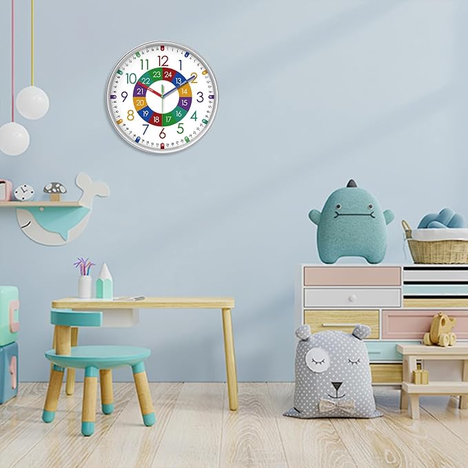 XFM Kids Wall Clock for Children's Bedroom 10 Inch Round Multi-Colored Learning