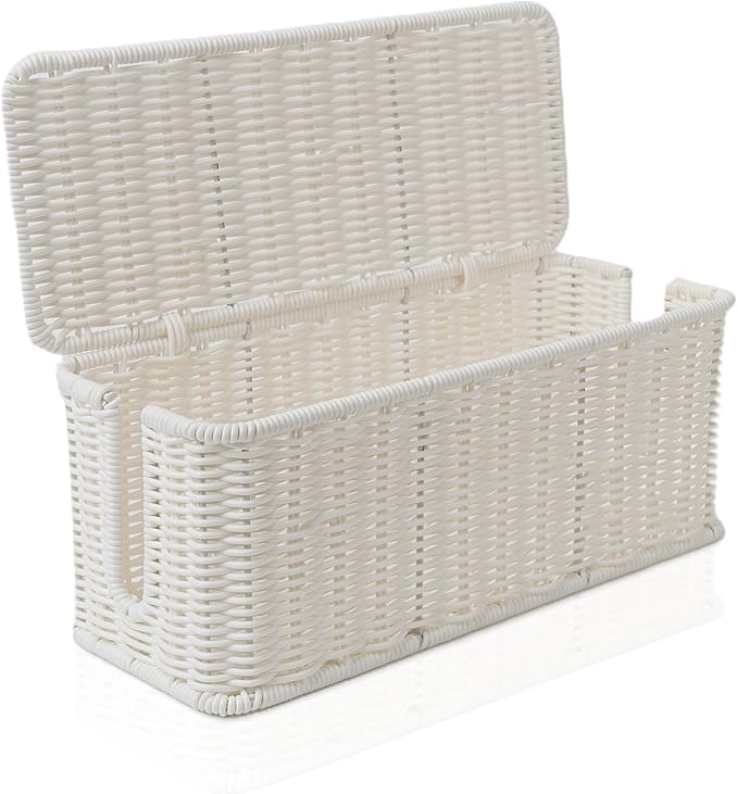 Cable Management Box, Handmade Rattan Cable Organizer with 2 Open Slots, Cord Hider for Power Strip, Router & USB Hub, Registered U.S. Design Patent (D1,112,102), 13" x 5.1" x 5.1", White