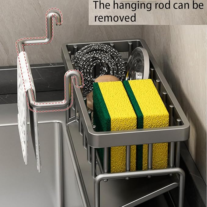 Sink Caddy Kitchen Sink Organizer, Sponge Holder for Kitchen Countertop for Dish Brush Gloves, Dish Cloth Hanger, Rustproof Kitchen Caddy with Drip Tray (Black)