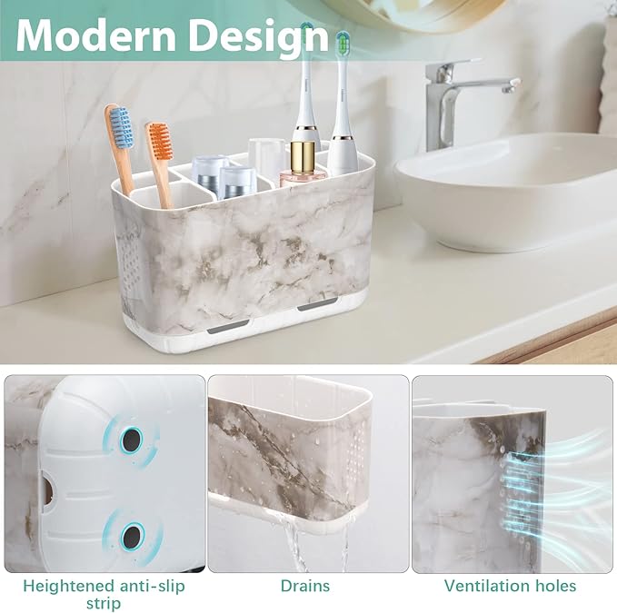 Boperzi Electric Toothbrush Holder for Bathroom Organizer Countertop, Detachable Anti-Slip Toothpaste Storage Caddy 6 Slots White Marble with Drainage Holes for Makeup Brush Razor Stand